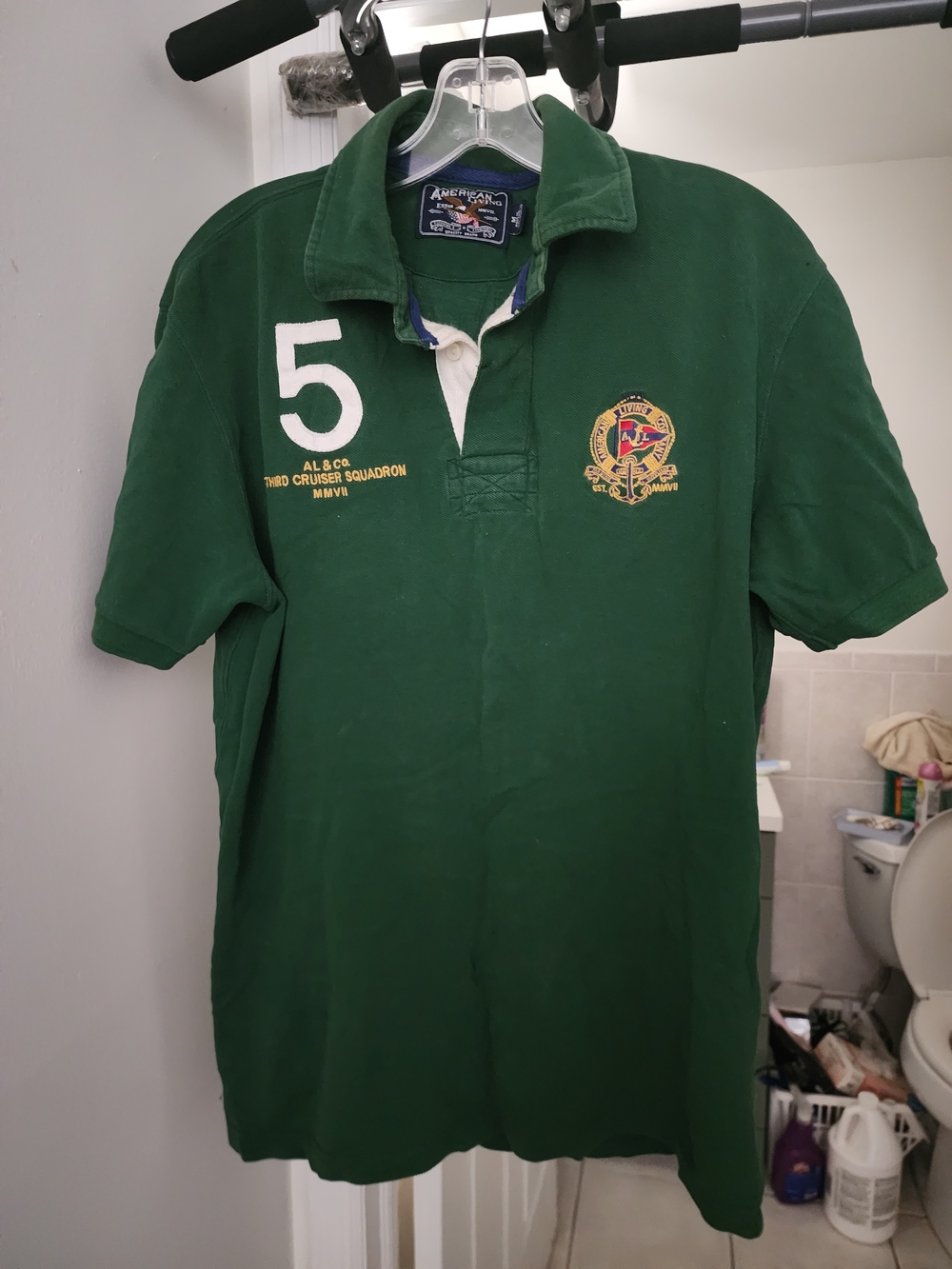 American Living Dark Green Rugby Polo with Crest & Number 5. S-M